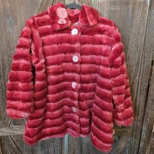 Corky & Company Jacket Girl's Size 10 Pink‎ Faux Fur Button Collar Fleece Lined